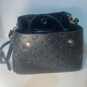 Black Embossed Monogram Shoulder Bag with Gold-Tone Hardware